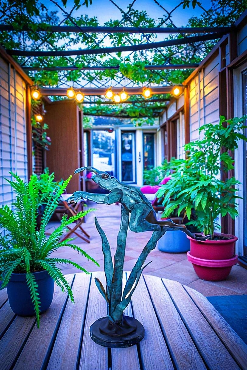 Frog Leaping Over Grass Bronze Statue 23" x 11" x 24"H