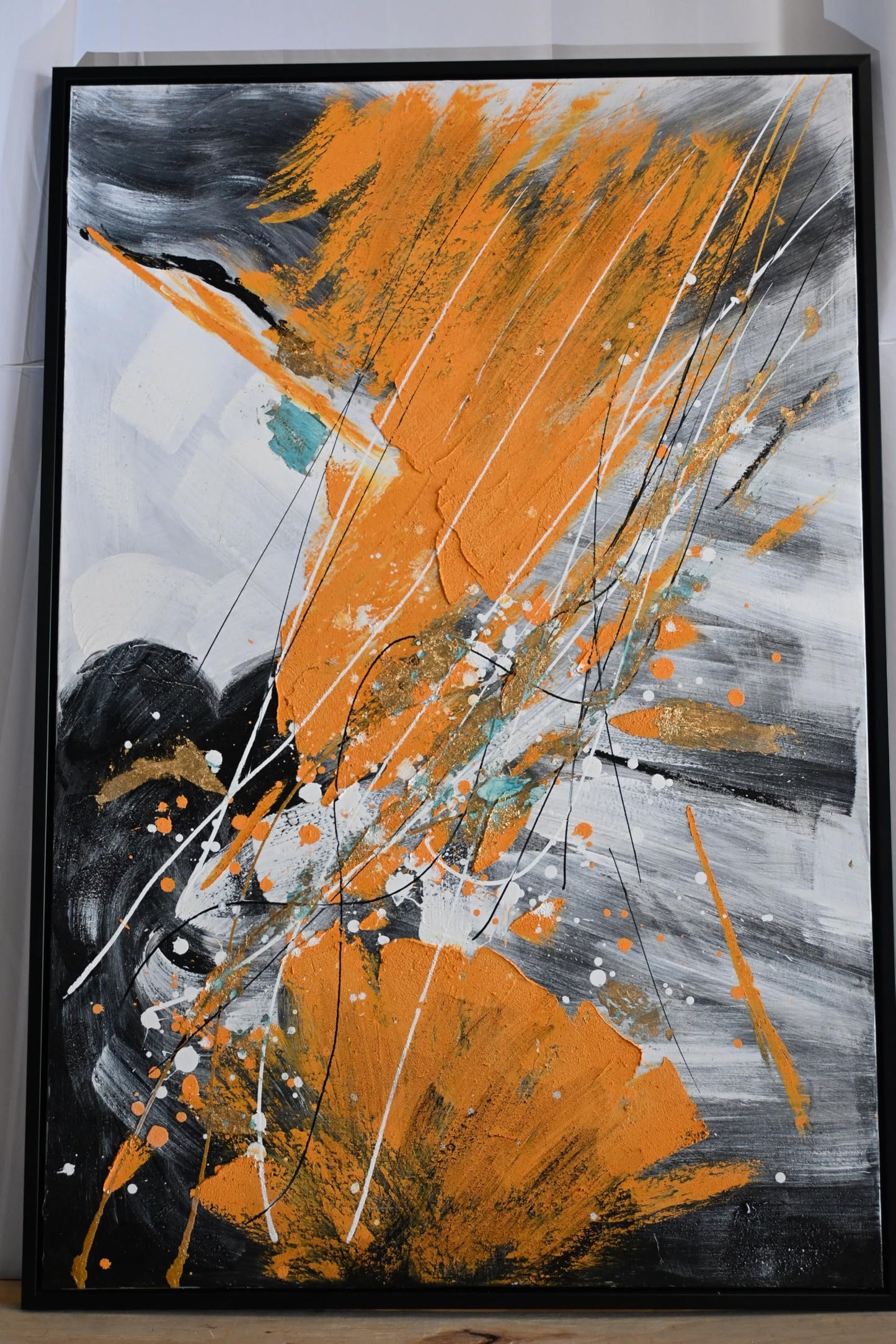 Abstract Canvas Painting Orange Gray Splash Framed Art 41"x61"