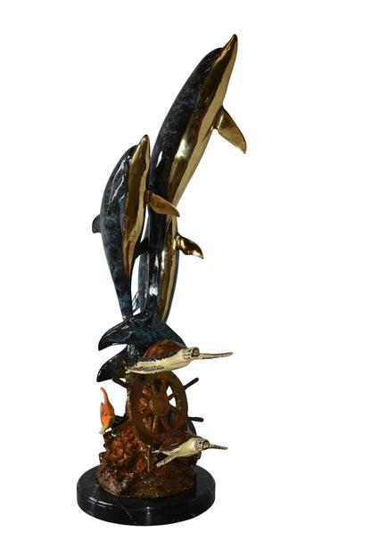 Three Dolphins Turtles and Boat Wheel Bronze Statue Size: 17" x 13" x 40"H