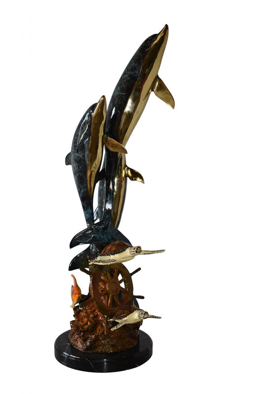 Three Dolphins Turtles and Boat Wheel Bronze Statue Size: 17" x 13" x 40"H