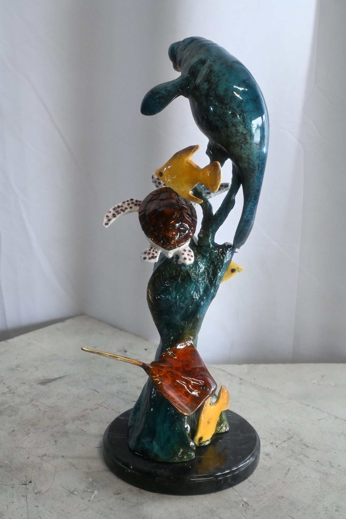 Manatee with Sea Turtle and Fish Bronze Sculpture 9"x9"x20"H