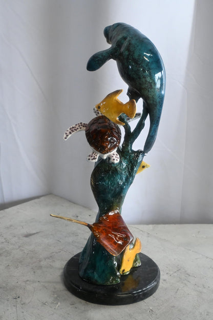 Manatee with Sea Turtle and Fish Bronze Sculpture 9"x9"x20"H