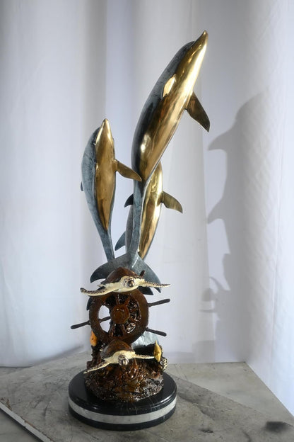 Bronze Three Dolphins Leaping Sculpture Lost Wax Casting 15"x12"x40"H