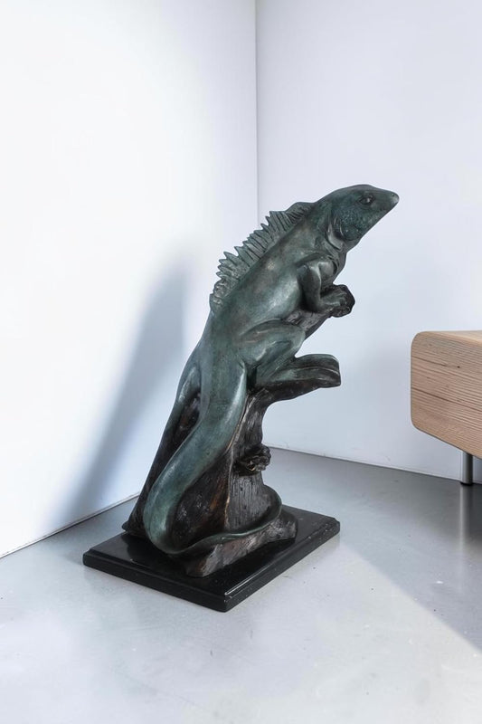 Bronze Iguana Sculpture on Branch with Marble Base 20"x7"x22"H