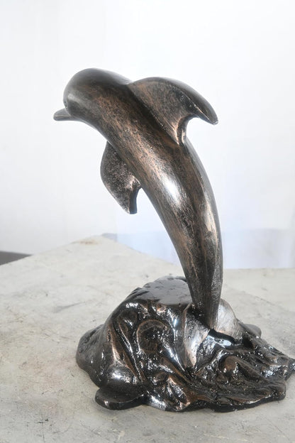 Playful Leaping Dolphin Wave Base Aluminum Coastal Decor 11"x11"x14"H