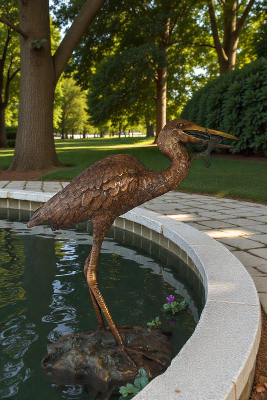Heron With Prey Brown Patina Bronze Statue Fountain Size: 26" x 15" x 25"H
