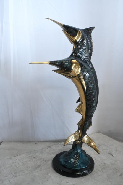 Two Marlin Swordfish Bronze Sculpture Vertical Leap 15"x6"x31"H