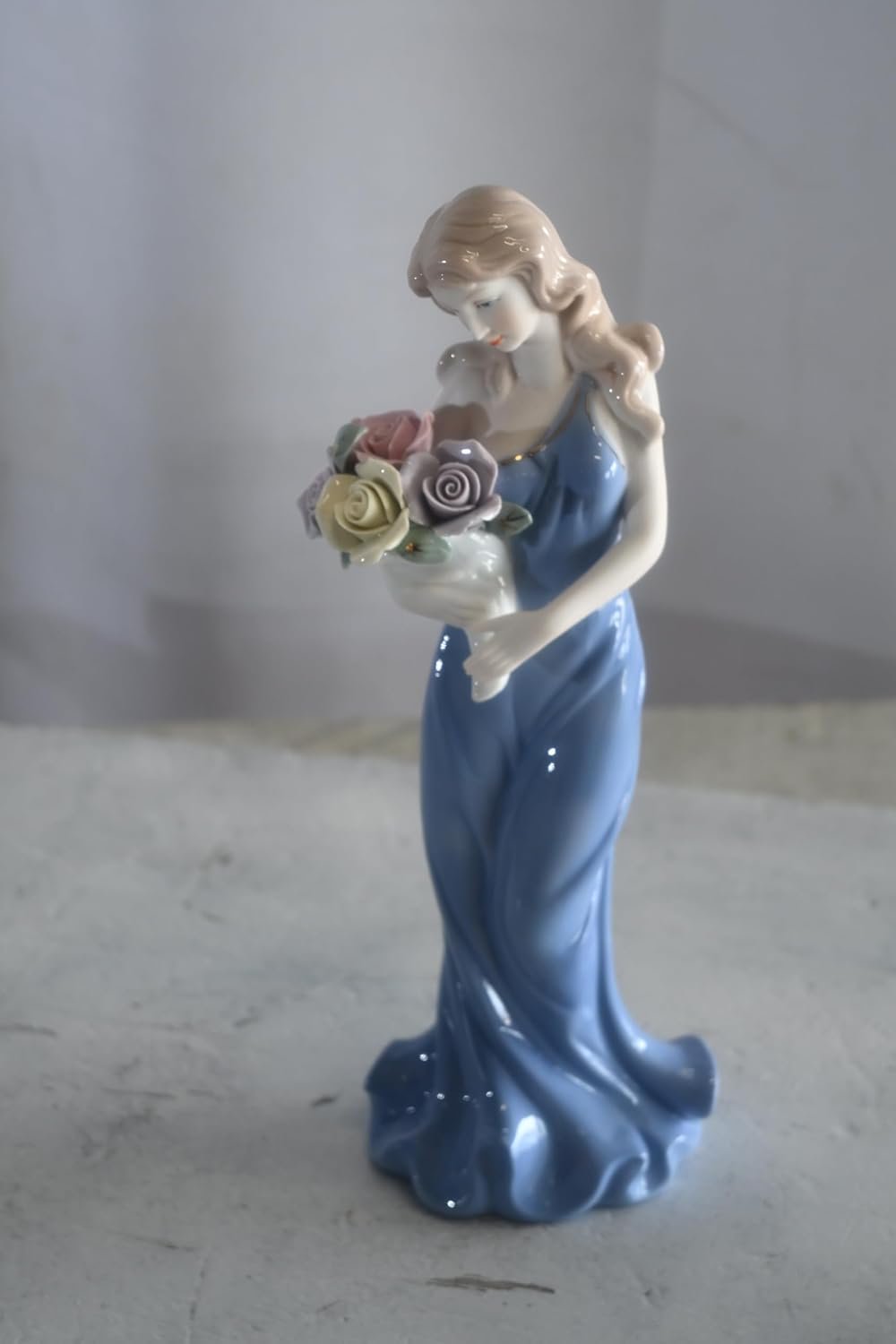Porcelain Lady Blue Sleeveless Gown Holding Rose Bouquet 4"x3"x11"H