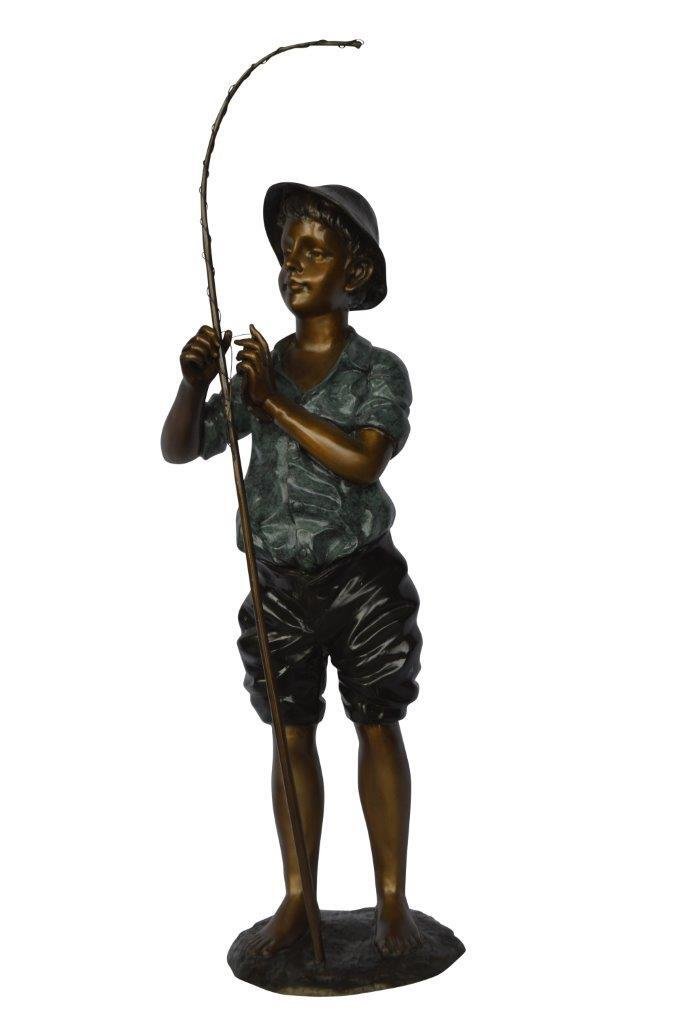 Boy with fishing rod  bronze statue -  Size: 11"L x 14"W x 44"H.