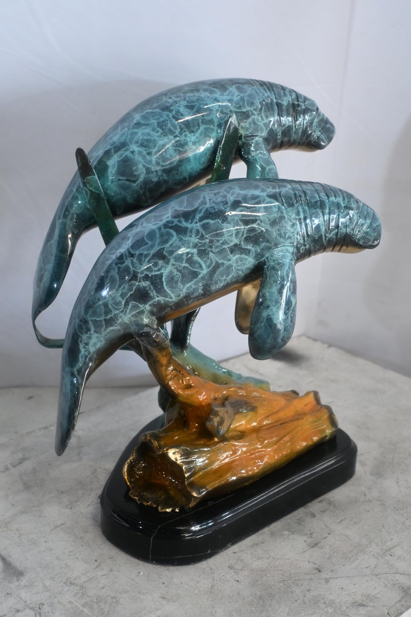 Two Manatees Bronze Sculpture Marble Base Ocean Life 15"x11"x12"H