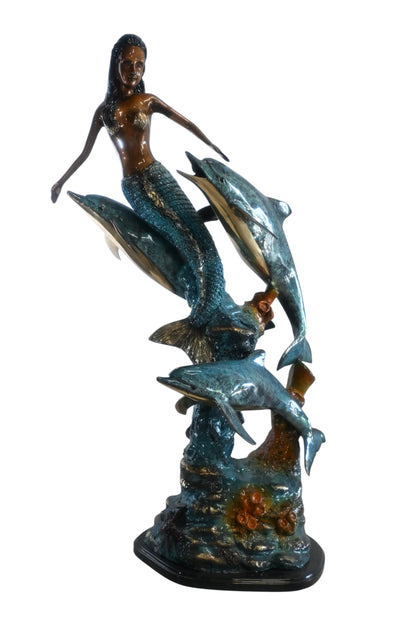 Bronze Mermaid with Dolphins on Coral Reef Sculpture 25"x16"x43"H