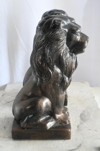 Pair of Aluminum Sitting Lion Statues Bronze Finish 19In 17"x12"x19"H