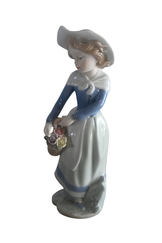 Porcelain Girl Carrying Flower Basket Blue Jacket Statue 6"x5"x12"H