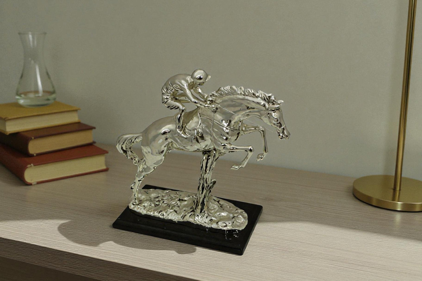Jockey on Horse Silver Finished  - Bronze Statue -  Size: 13"L x 5"W x 12"H.