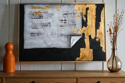 Urban Pulse Mixed Media Canvas Painting Gold Black Framed 41"x61"