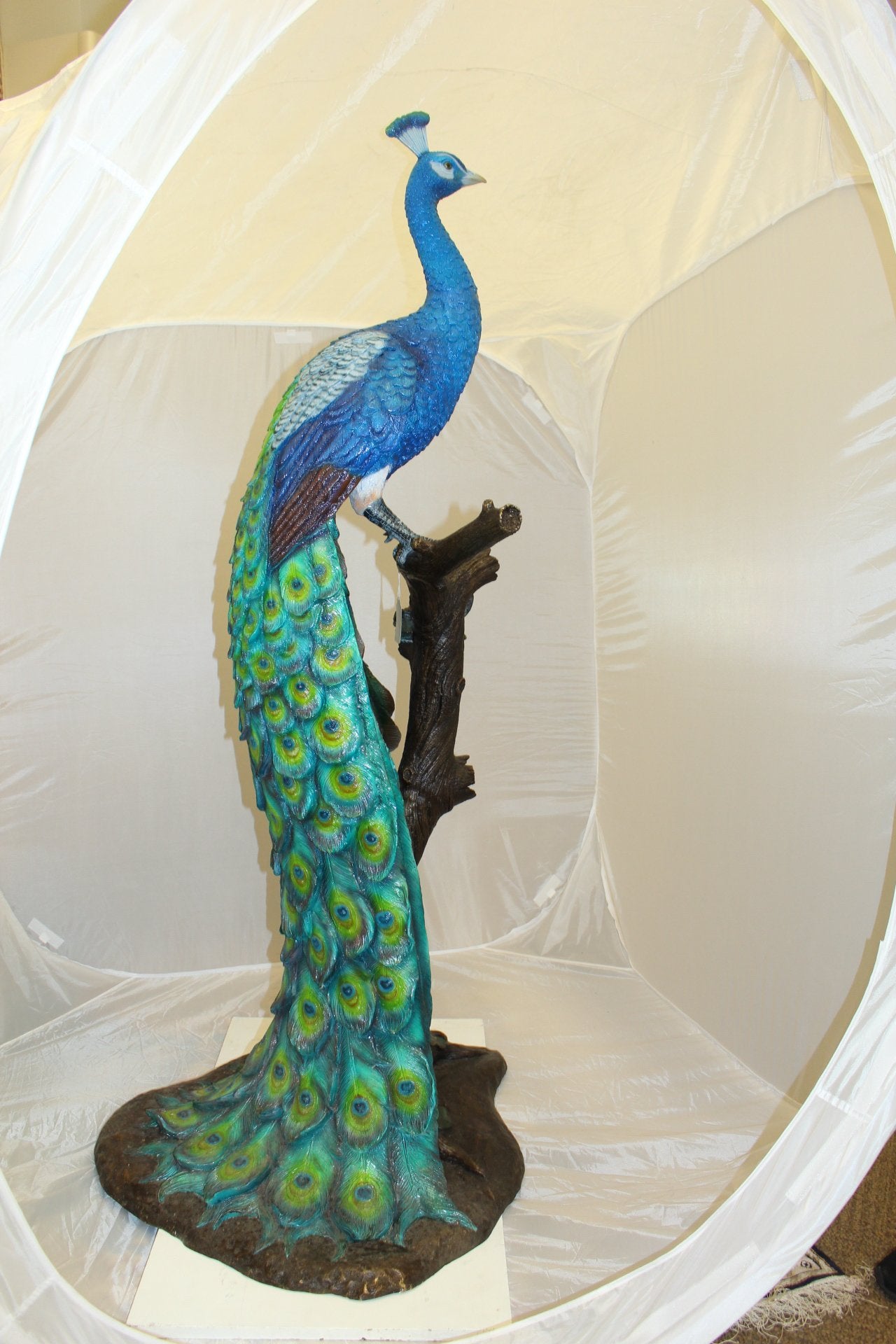 Peacock on Tree Bronze Statue -  Size: 31"L x 30"W x 64"H.