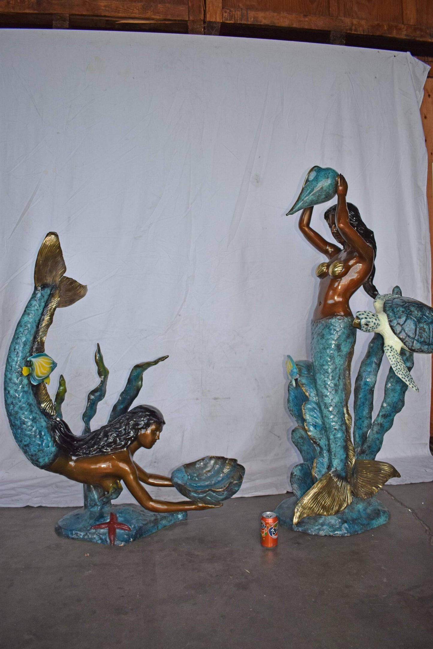Mermaid Holding a Shell Fountain W Turtle Bronze Statue - Size: 32" x 19" x 60"H