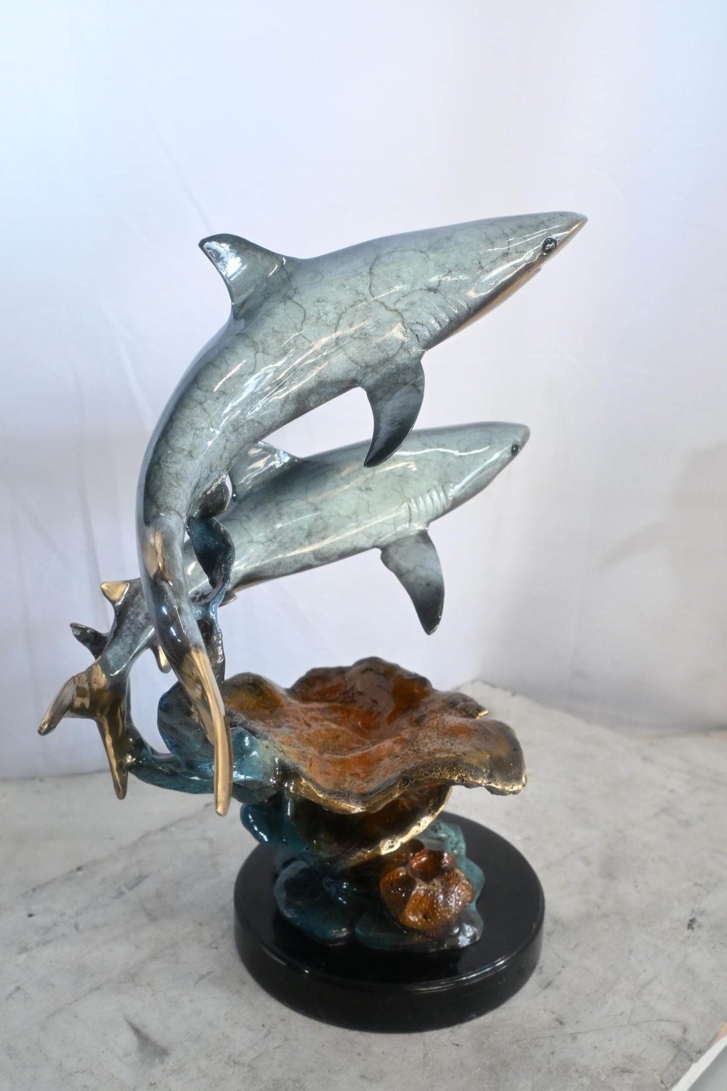 Two Sharks Bronze Sculpture Coral Reef Base 19"x11"x23"H