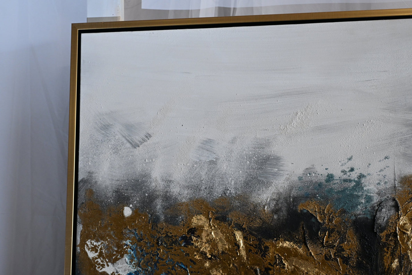 Steel Symphony Abstract Canvas Painting Gold Teal Framed 41"x61"
