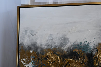 Steel Symphony Abstract Canvas Painting Gold Teal Framed 41"x61"