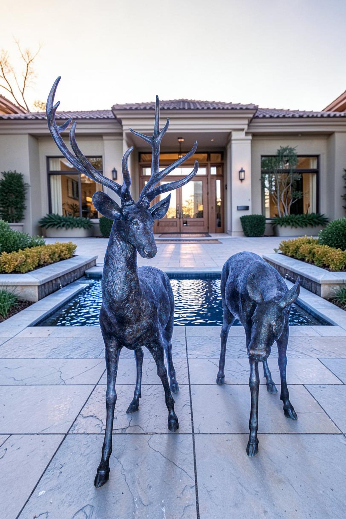 Life Size Bronze Statues of a Pair of Deer, Wildlife Display 58" x 18" x 58"H