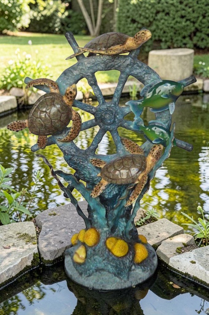 Sunken Boat Anchor W Turtles, Fish Bronze Statue -  Size: 39"L x 23"W x 51"H.