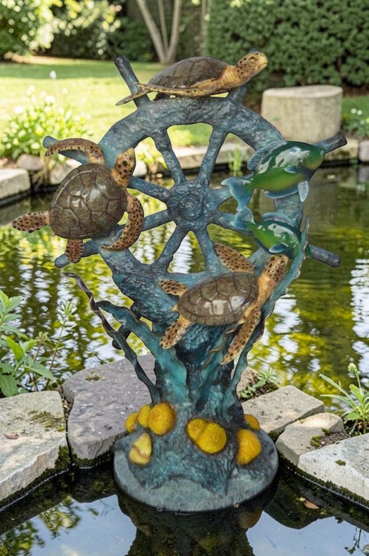 Sunken Boat Anchor W Turtles, Fish Bronze Statue -  Size: 39"L x 23"W x 51"H.