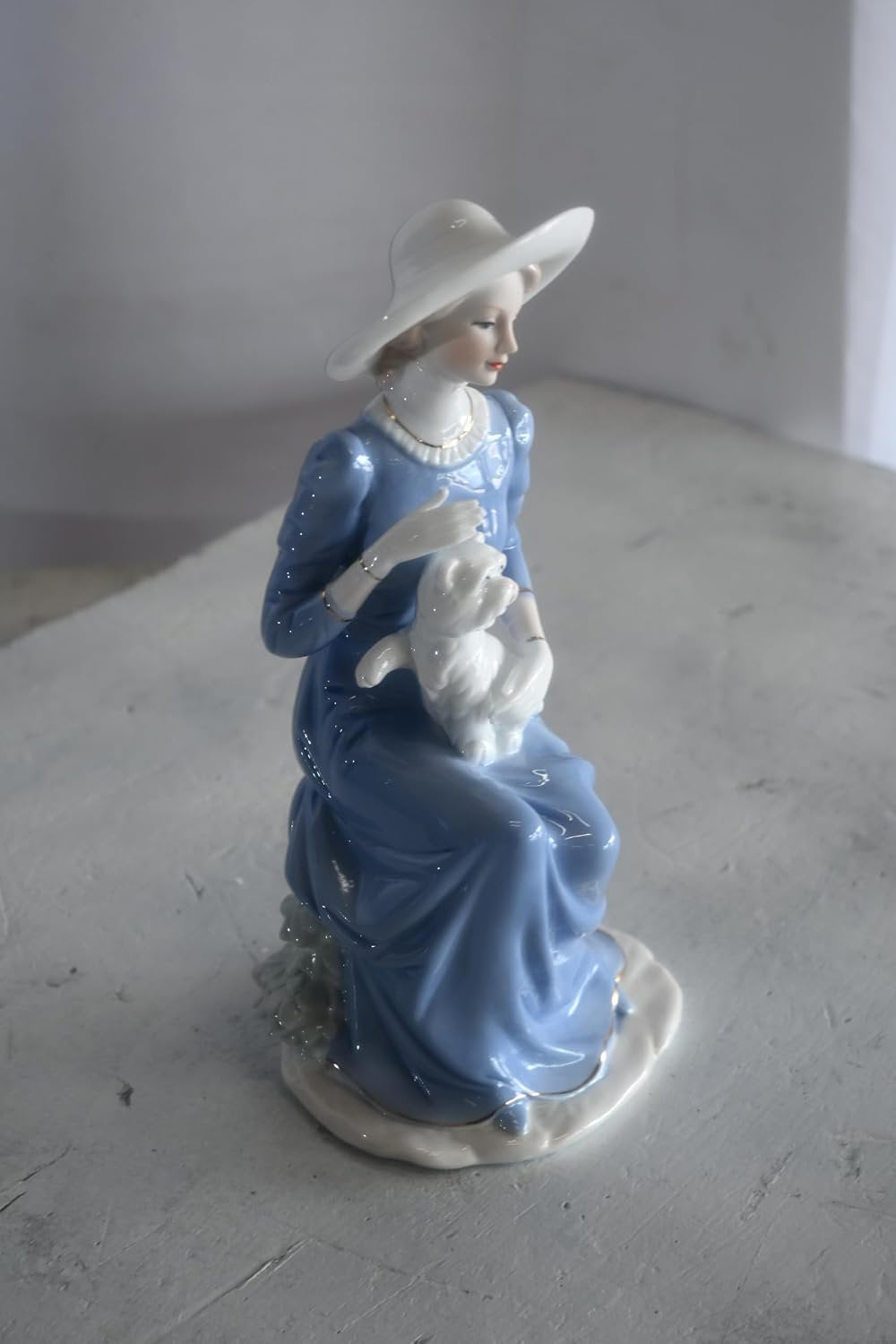 Porcelain Elegant Lady Blue Gown White Hat and White Cat 5"x4"x10"H