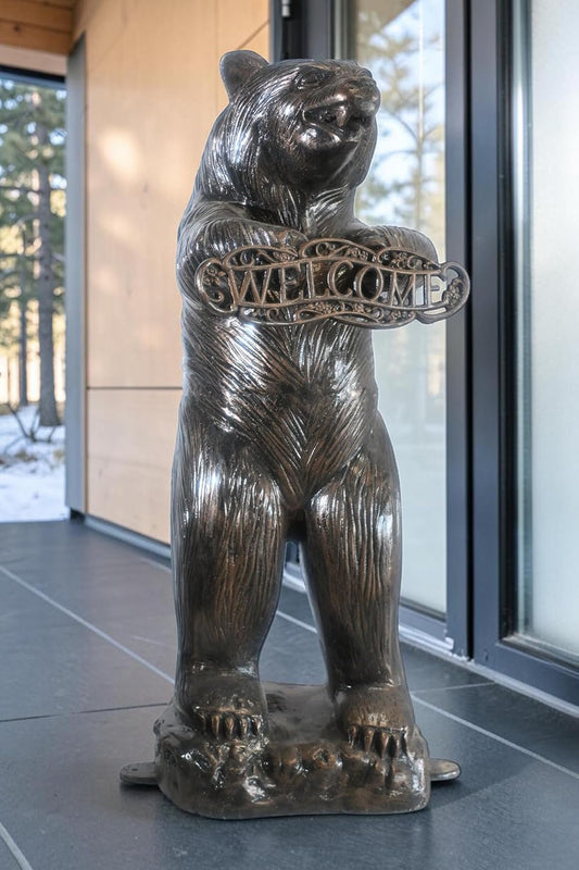 Standing Aluminum Bear Statue with Welcome Sign 18"x18"x41"H