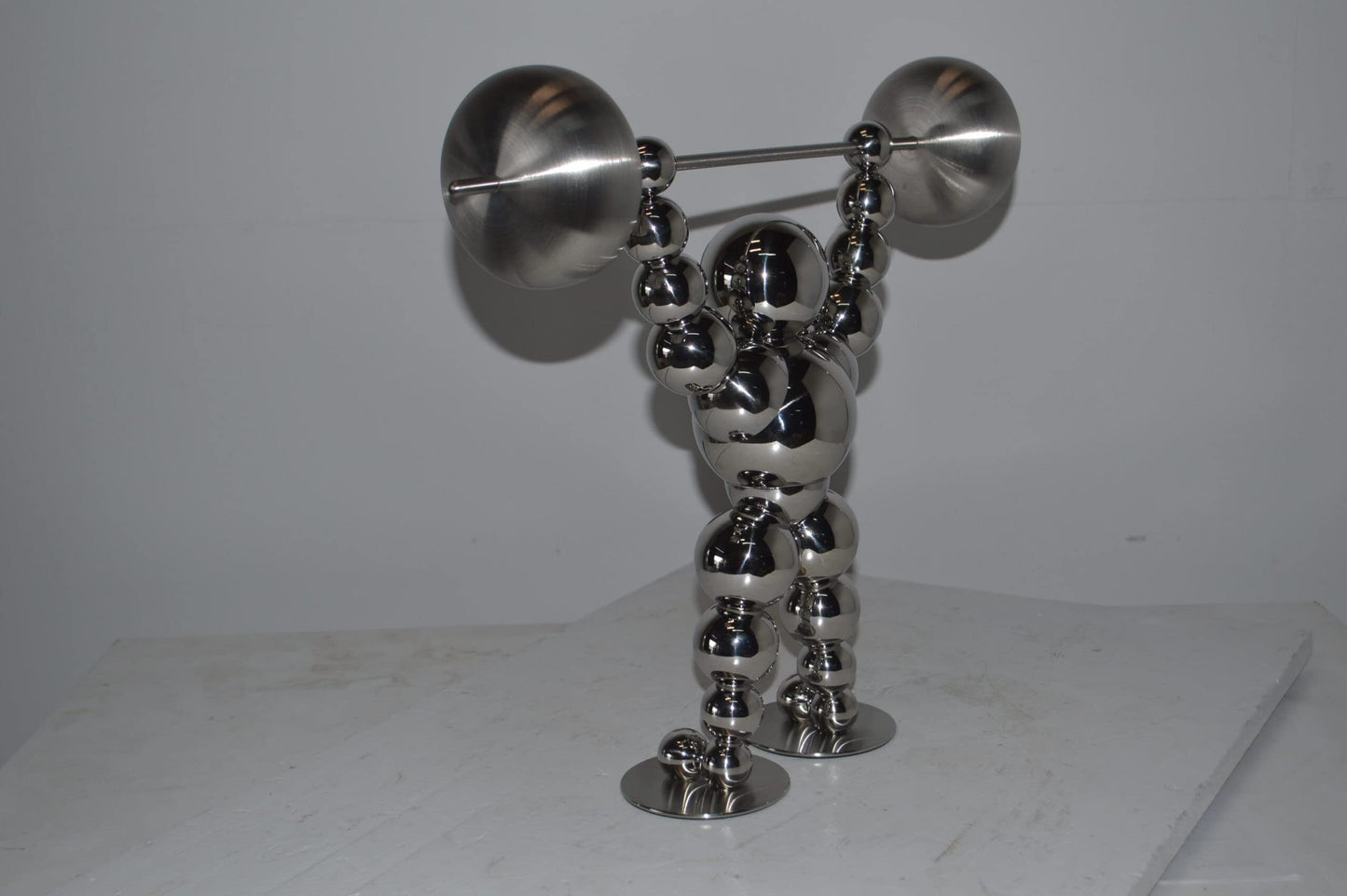 Modern Art Weightlifter Up Position Chrome Balls Statue - Size: 20"x5"x17"H