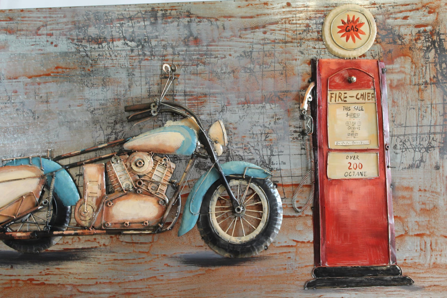 Vintage Motorcycle and Gas Pump Painting on Metal with 3D Effect 79" x 2" x 40"H