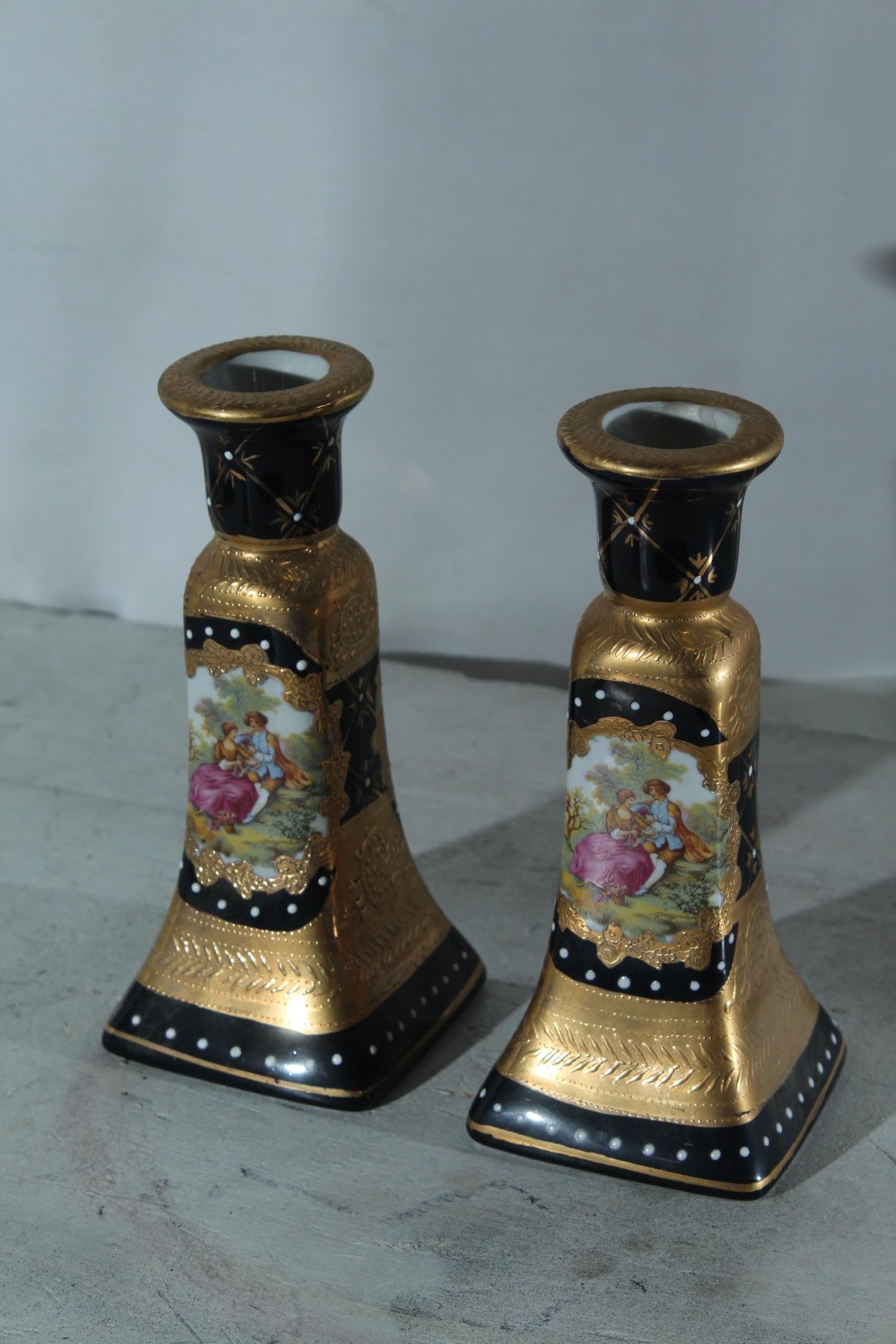 Porcelain Pair Candlestick Holders Black Gold Courting Scene 8"x4"x9"H