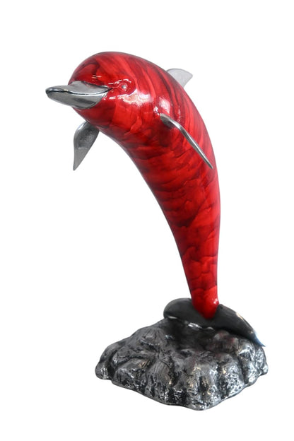 Leaping Red Dolphin Statue with Silver Fins Aluminum Art 15"x7"x18"H