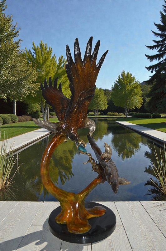 Two Eagles Fighting on Fish Bronze Statue -  Size: 33"L x 28"W x 42"H.