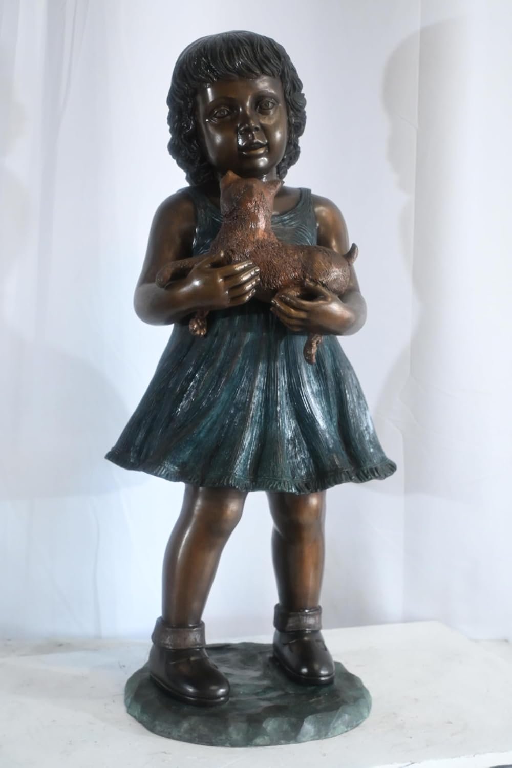Bronze Girl Statue Holding a Puppy Dog Garden Home Decor 17"x16"x36"H