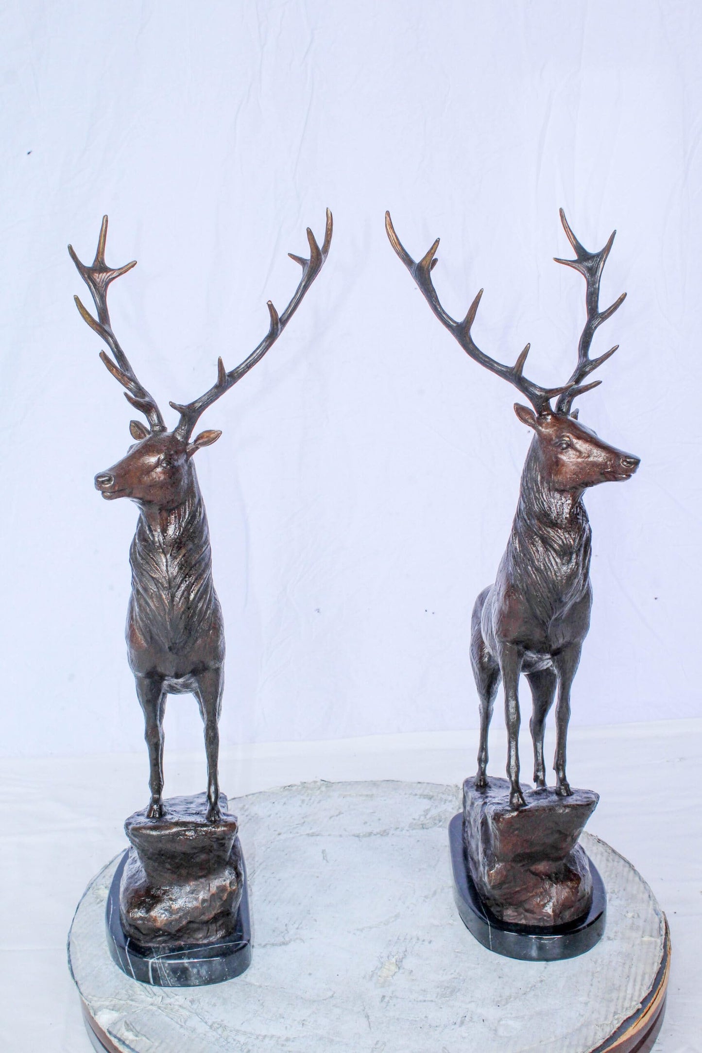 Pair of Bronze Deer Stag Statues Standing on Rock Base 14" x 10" x 28"H