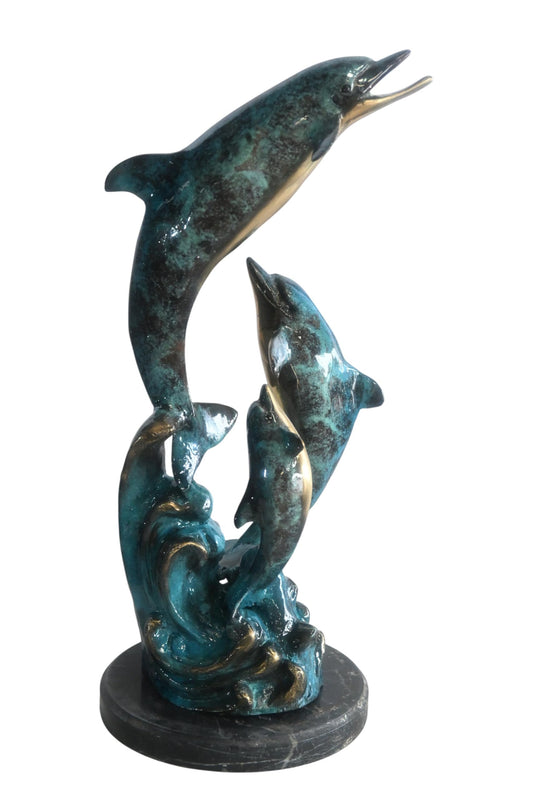 Three Leaping Dolphins on Waves Bronze Sculpture 10"x9"x19"H