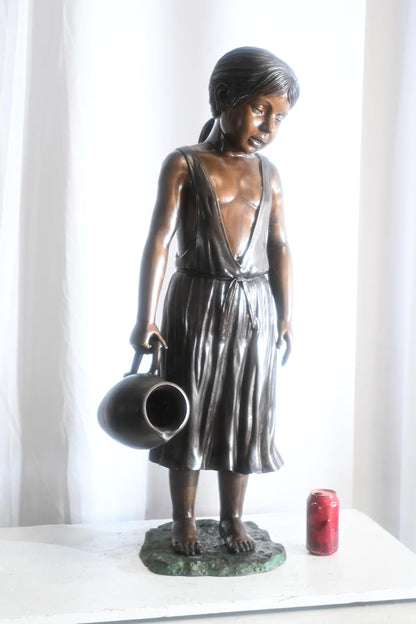 Large Bronze Girl Fountain with Water Jug Garden Statue 17"x12"x39"H