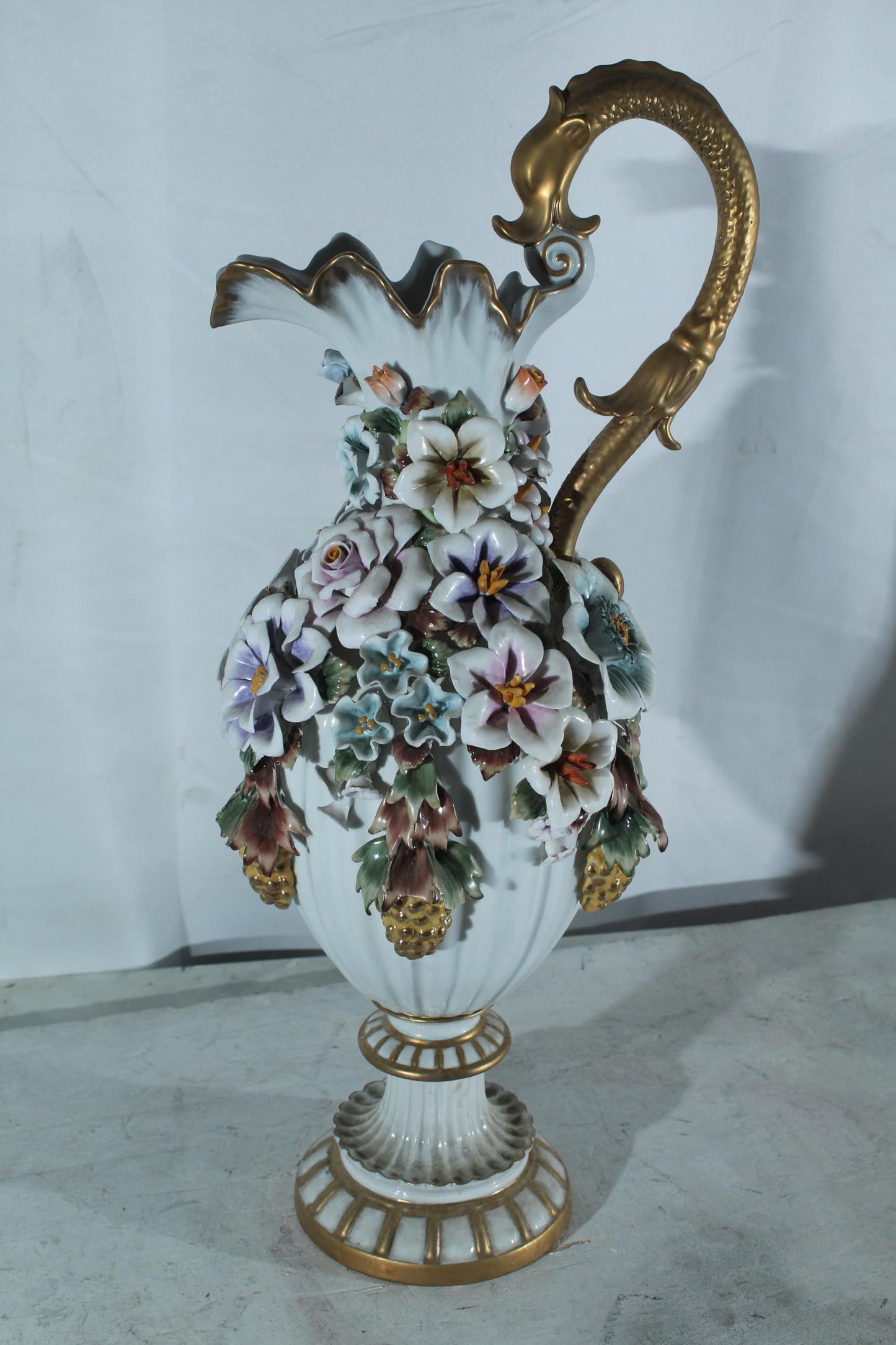 Porcelain Floral Ewer vase Ornate Handle 10"x7"x22"H