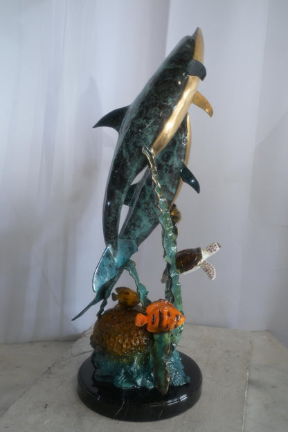 Large Bronze Dolphin Pair Ocean Scene Sculpture Marble Base 15"x18"x33"H