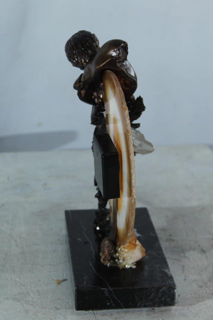 NIFAO Angel Clock Sculpture with Agate Bronze Art by Vidal Spain 10"x5"x12"H