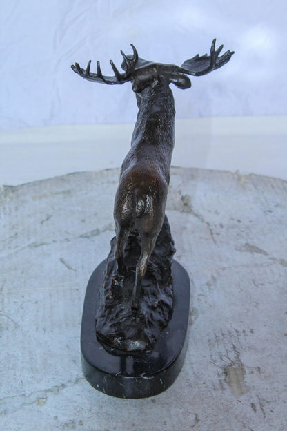 Bronze Moose Statue on Marble Base with Antlers Raised 10" x 6" x 9"H