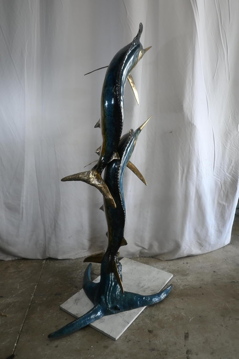 Double Marlin Bronze Garden Fountain Leaping Ocean Waves 42"x31"x74"H