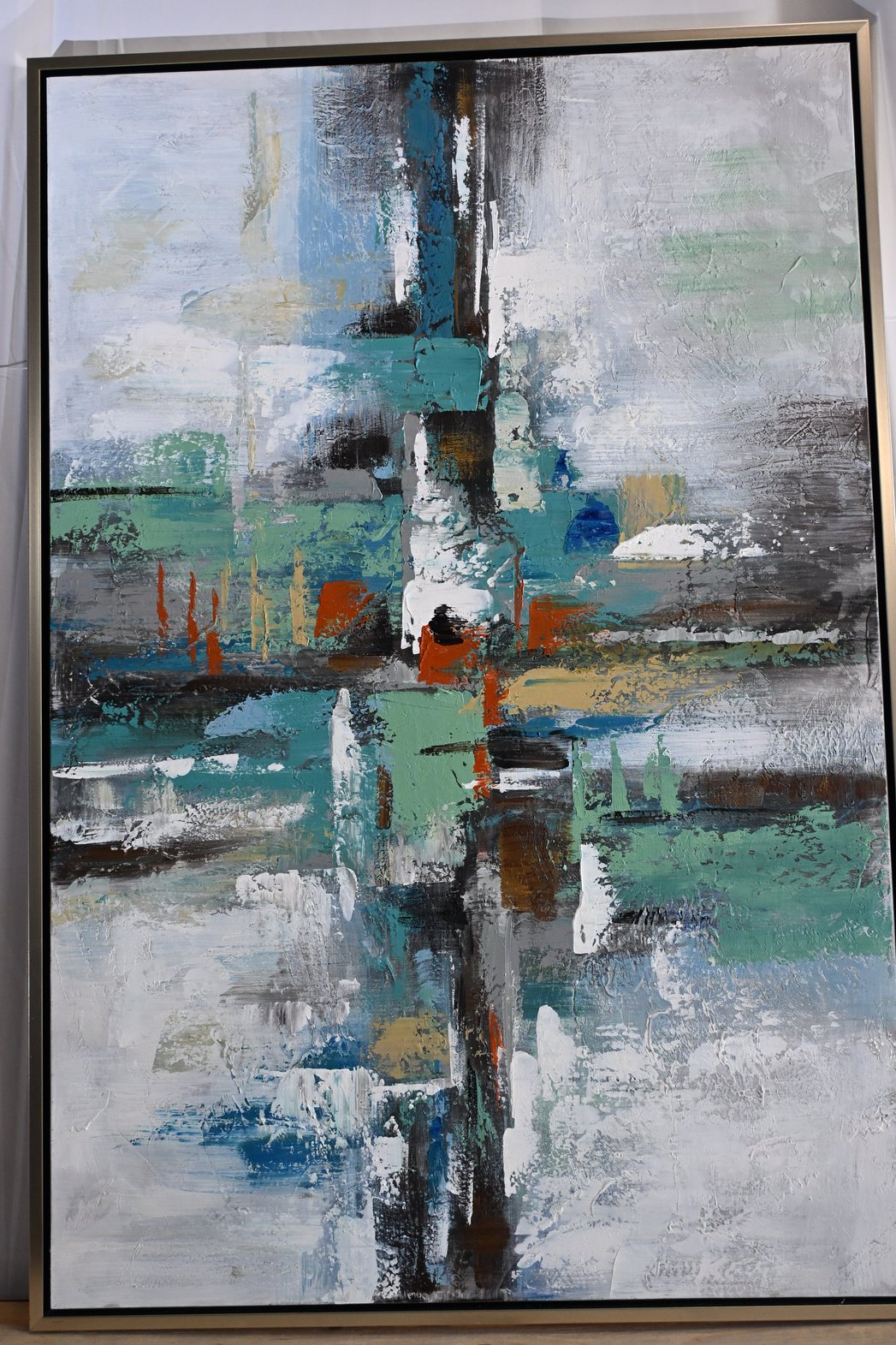 Mystery Abstract Canvas Painting Teal Gray Framed Art 41"x61"