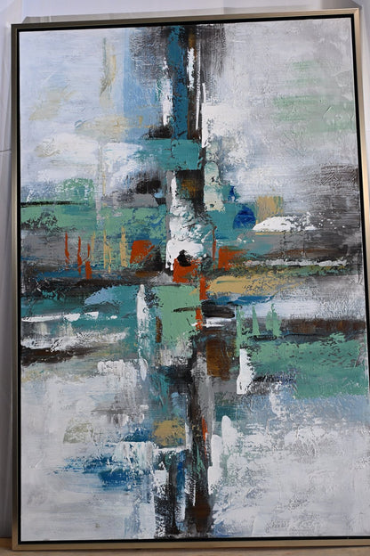 Mystery Abstract Canvas Painting Teal Gray Framed Art 41"x61"