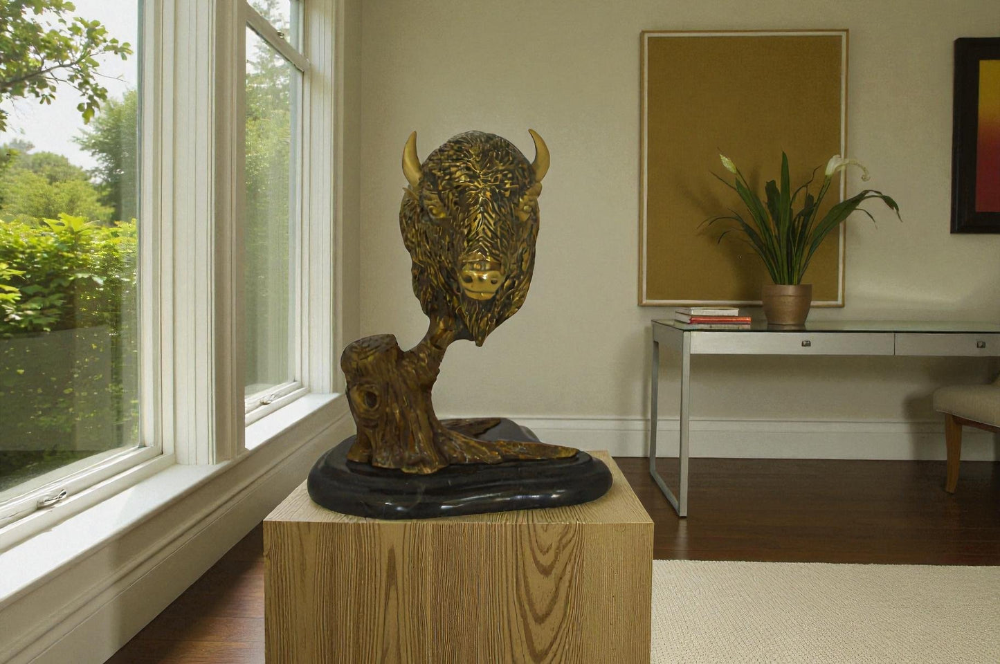 Bison Head Bronze Statue -  Size: 8"L x 5"W x 9"H.