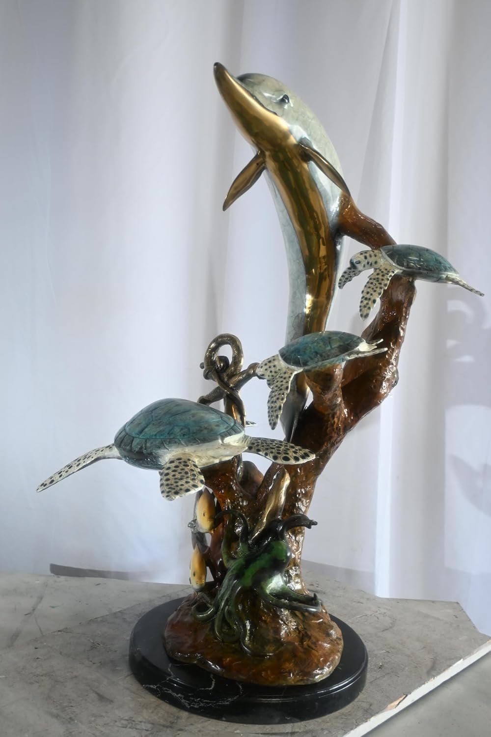 Bronze Dolphin Sea Turtles Fountain Lost Wax Ocean Scene 22"x18"x37"H