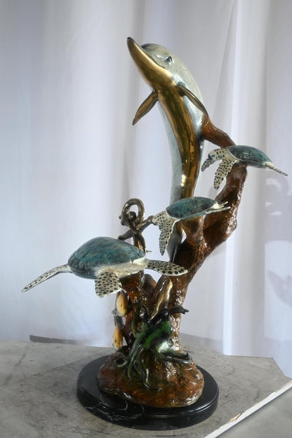 Bronze Dolphin Sea Turtles Fountain Lost Wax Ocean Scene 22"x18"x37"H