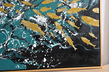 Melancholy Abstract Canvas Painting Gold Teal Framed Art 41"x61"