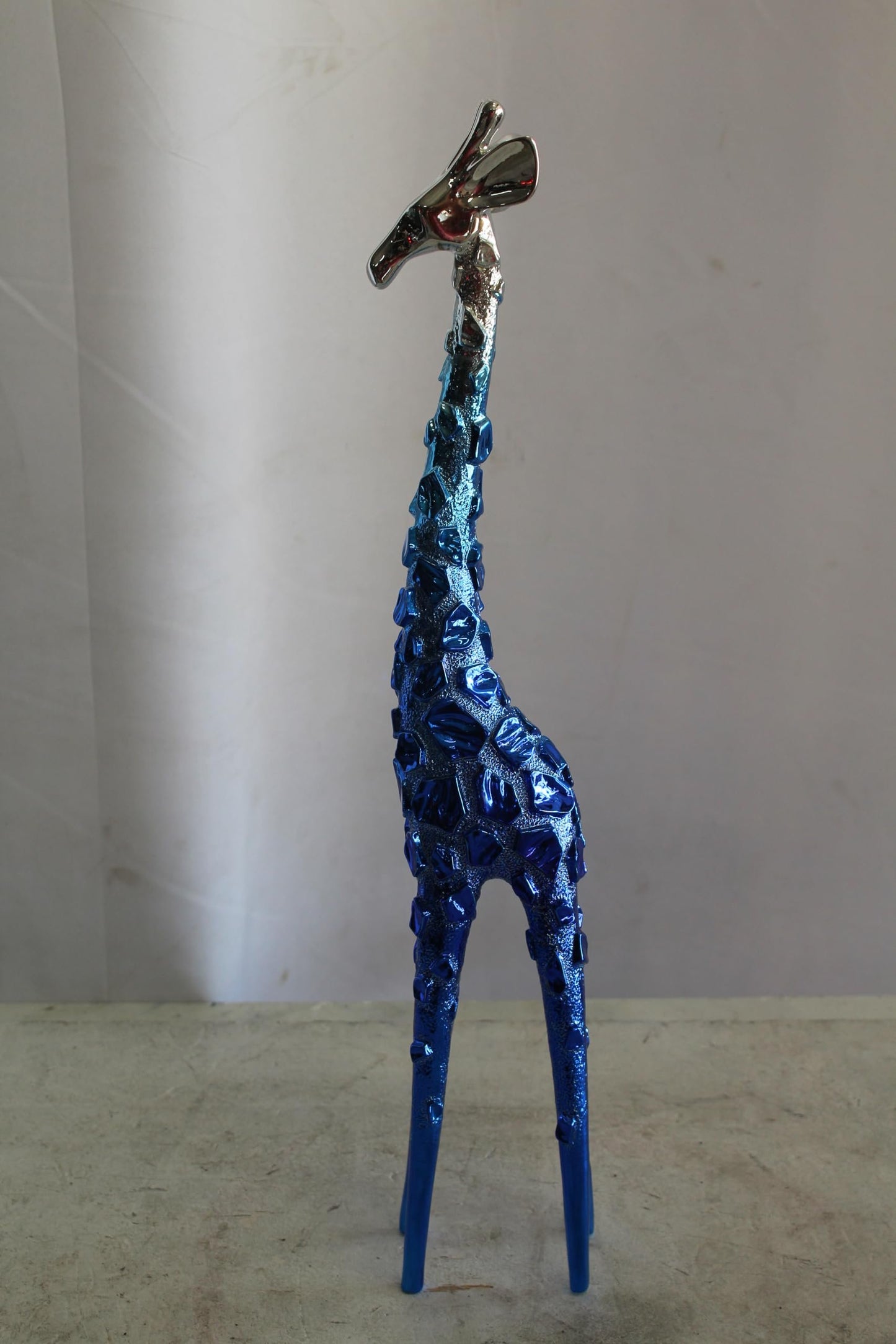 NIFAO Resin Blue Giraffe Sculpture with Chrome Head 30 Inches 4"x6"x30"H
